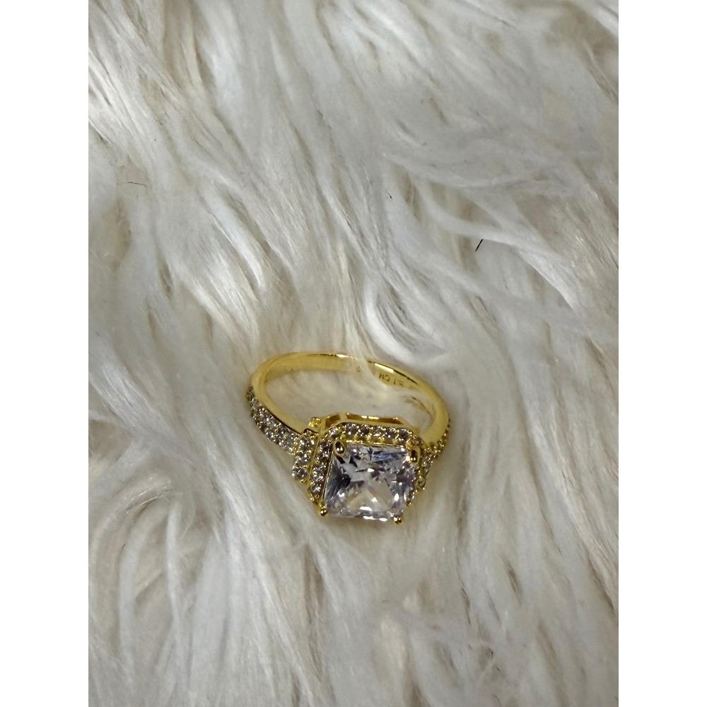 Gold Tone Radiant Cut Man Made Diamond Ring Size 5.5 Pavé Band Cocktail Ring